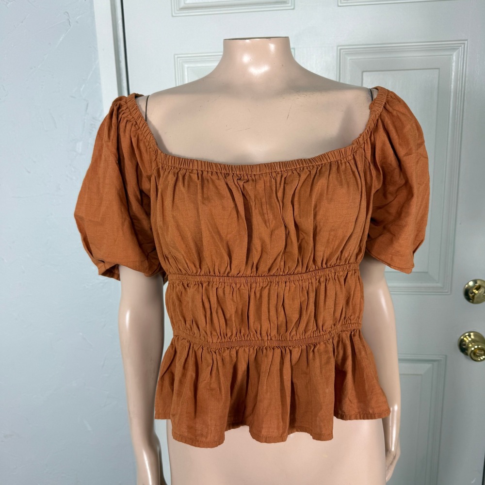 Free People Womens Shirt Medium Phoebe Lace Up Smocked Cotton Burnt orange X4-14